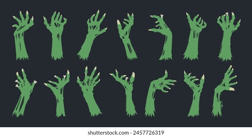 Halloween zombie arms. Monsters bony green hands, spooky living dead creepy scrawny hands flat vector illustration set. Horror zombie hands