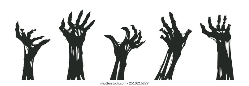 Halloween Zombie Arme Poster. Gespenstische Monster gruselige Hände Silhouetten flachen Vektorgrafik-Set. Cartoon Horror Halloween Schreckliche Arme