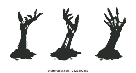 Los brazos zombis de Halloween. Manos de caricatura deshuesadas saliéndose del suelo, monstruos espeluznantes escarban siluetas de manos. Colección de ilustraciones de vector plano de brazo zombi