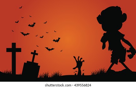 Halloween zombie and bat of silhouette in the tomb