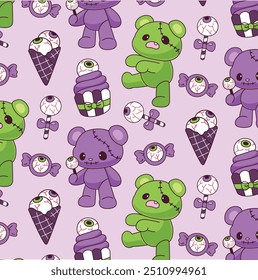 Halloween zombie bear with candies kids seamless pattern