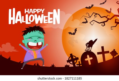 Halloween zombie character vector background concept. Happy halloween text with zombie monster character in creepy cemetery background for horror design. Vector illustration