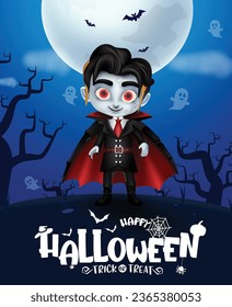 Halloween zombie character vector design. Happy halloween greeting text with scary cute zombie man in night full moon creepy background. Vector illustration invitation card poster.