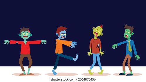 Halloween zombie collection in flat style, blue background.