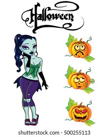 halloween zombie costume with different emotions on pumpkins