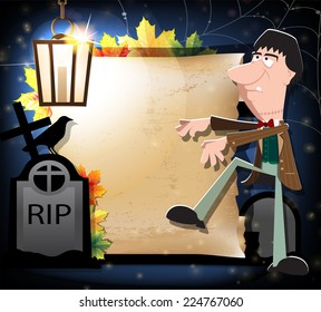 Halloween  zombie, crow and gravestones on the background of old paper scroll. Abstract halloween background