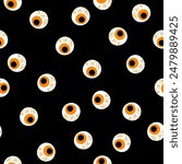 Halloween zombie eye seamless pattern. Vector monster crazy eyeballs on black background. Fun Halloween print, creepy texture for textile, wrapping paper, decoration.