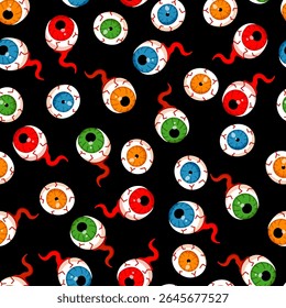 Dia das Bruxas olho zumbi padrão sem costura. Vetor monstro louco cor olhos no fundo preto. Impressão divertida de Halloween, textura assustadora para têxtil, papel de embrulho, decoração, tecido.