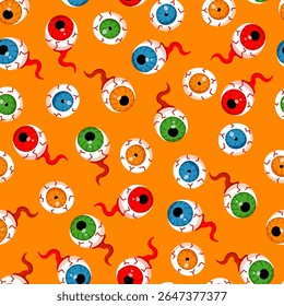 Dia das Bruxas olho zumbi padrão sem costura. Olhos de cor loucos de monstro vetorial no plano de fundo laranja. Impressão divertida de Halloween, textura assustadora para têxtil, papel de embrulho, decoração, tecido.