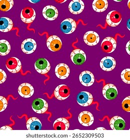 Halloween zombie eye seamless pattern. Vector monster crazy color eyeballs on purple background. Fun Halloween print, creepy texture for textile, wrapping paper, decoration, fabric.