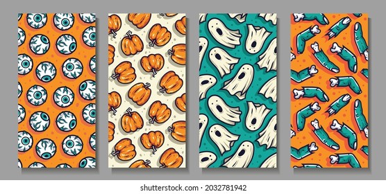 Halloween zombie finger and eye. Pumpkin and scary ghost for creepy backgrounds. Set of seamless patterns with eyeball, undead and spirit for holiday package and wrapper