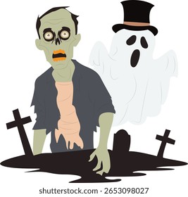 Halloween, Zombie Ghost Halloween Graveyard Illustration