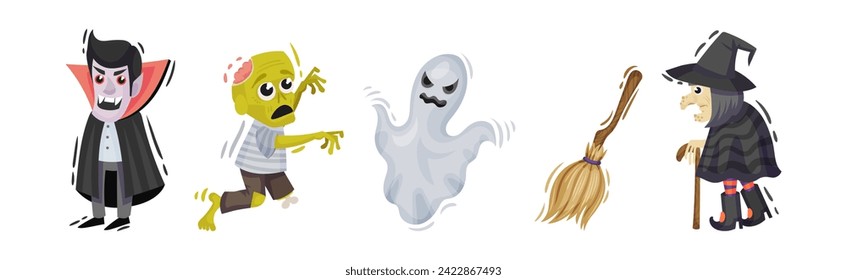 Halloween with Zombie, Ghost, Vampire, Broom and Witch Vector Set