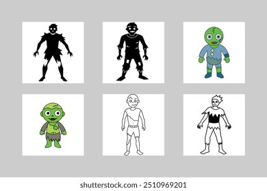 Halloween Zombie Graphic with Ripped Clothing – Vector Silhouette, Line Art, Color.