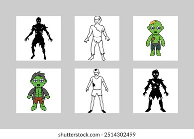 Halloween Zombie Graphic with Ripped Clothing – Vector Silhouette, Line Art, Color.