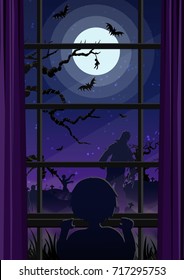 Halloween zombie in graveyard.Dead man vector with black tree.The little boy sneaks a horrible look through the window.