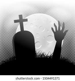 Halloween zombie hand and grave in dark grass silhouette and moonlight transparent background