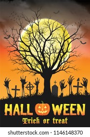 halloween zombie hand on grave with dead tree