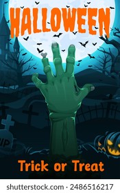 Mano zombie de Halloween en el cartel de la película de terror para la noche de terror de vacaciones, Vector de dibujos animados. Afiche de Halloween truco o trato de fiesta con linternas de calabaza de miedo y lápidas en el cementerio con castillo encantado