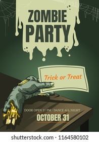 Halloween zombie hand party poster background template for Halloween party. Vector illustration.