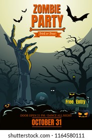 Halloween zombie hand party poster background template for Halloween party. Vector illustration.