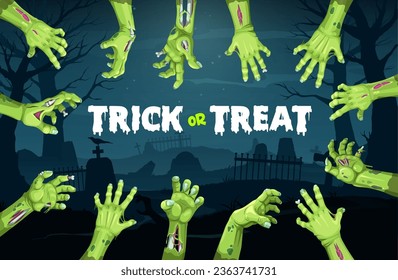 Halloween zombie hands banner for holiday horror night and trick or treat party, vector background. Spooky undead or dead zombie green hands reaching out from grave on cemetery with tombstones