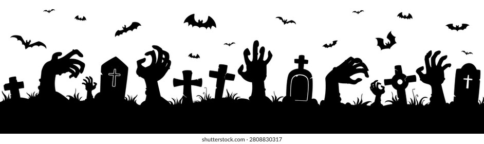 Halloween zombie hands between graveyard tombstones landscape silhouette. Vector spooky black silhouette of a graveyard with zombie hands, tombstones, twisted trees and bats for Halloween party