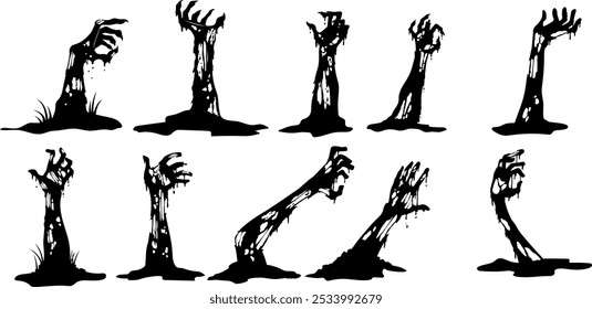 Halloween Zombie Hands Schwarze Silhouetten. handgezeichneter Vektorkollektionssatz einzeln auf transparentem Hintergrund