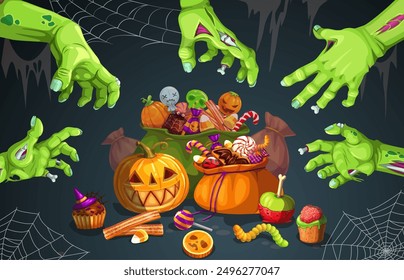 Halloween zombie hands with holiday sweets bucket and bag for trick or treat party, vector banner. Halloween sweets and monster candy with spooky pumpkin, skull caramels and brain or chocolate spider