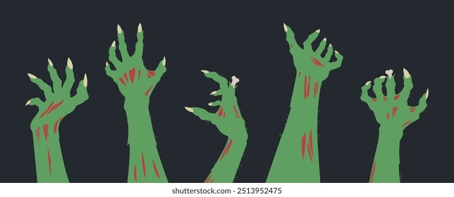 Mãos de zumbis do Halloween. Monstros ossudos braços magricela, Halloween horror zumbi mãos conjunto de ilustração vetor plano. Mãos assustadoras mortas e assustadoras