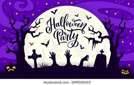 Halloween Zombie Hände auf Friedhof Silhouette mit Papier geschnitten Mitternachtshimmel und Sterne. Oktober und Herbst Saison Horror Event, Happy Halloween Party Papercut Vektorgrafik Hintergrund mit Friedhofslandschaft