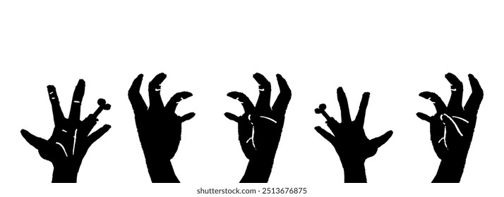 Halloween zombie hands. Zombie hands silhouette. Creepy zombie crooked lambs stick out of graveyard ground vector illustration set