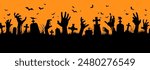 Halloween zombie hands silhouettes on cemetery. Vector creepy graveyard with emerging dead arms, flying bats and ravens sitting on tombs on orange background. Horror night holiday necropolis scene