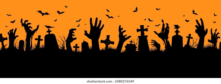 Halloween zombie hands silhouettes on cemetery. Vector creepy graveyard with emerging dead arms, flying bats and ravens sitting on tombs on orange background. Horror night holiday necropolis scene