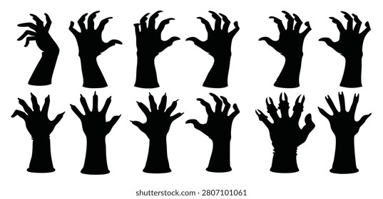 halloween zombie hands silhouettes set isolated flat 