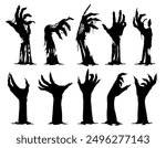 Halloween zombie hands silhouettes, vector horror holiday. Scary monsters arms reaching out from cemetery grave ground. Evil dead man, spooky graveyard ghost or demon black hands with creepy fingers