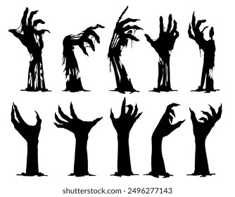 Halloween zombie hands silhouettes, vector horror holiday. Scary monsters arms reaching out from cemetery grave ground. Evil dead man, spooky graveyard ghost or demon black hands with creepy fingers