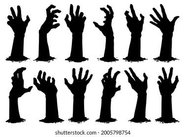 Halloween zombie hands. Spooky haunted arms appear of ground silhouette vector illustration set. Creepy zombie arms elements. Monster zombie resurrection, monochrome haunted hands