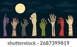 Halloween Zombie Hands Under Moon, Vector Illustration. Cartoon Horror Skeleton, Mummy, Monster Arms Rising from Ground at Night. Halloween Background for Poster, Banner, Print, Stickers