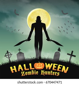 halloween zombie hunter with knife  in graveyard