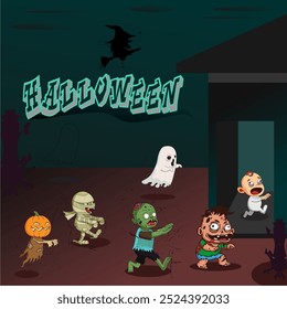 halloween zombie kids with animated cartoon characters