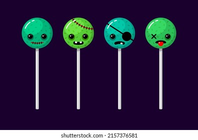 Halloween zombie lollipops para truco o tratar la tradición. Personajes aterradores, espeluznante colección de caramelos. Dibujos de dibujos animados coloridos vectores aislados en un fondo oscuro