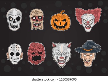 Halloween zombie masks, mummies, clowns, werewolves, pumpkin, hockey players, pumpkin, and meat monsters.  VECTOR EDITABLE LAYER