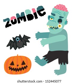 Halloween zombie monster character with pumpkin and bat.