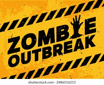 Halloween zombie monster outbreak warning caution, danger apocalypse. Vector awareness banner with yellow background, black grungy typography and creepy hand of corpse emerging from the ground