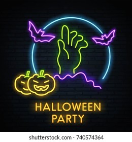 Halloween. Zombie neon sign. Happy Halloween. Bright sign, the banner of light. Logo Halloween party emblem. Vector image