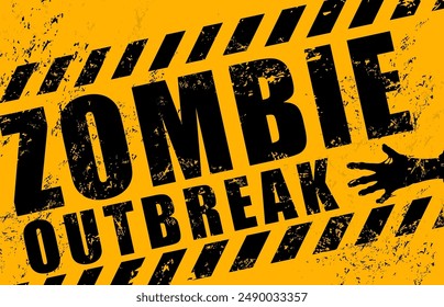 Halloween zombie outbreak grunge warning caution poster or sticker with vector silhouette of horror holiday monster hand and striped borders. Zombie attack beware, danger, attention and caution sign