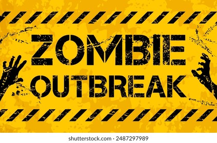 Halloween zombie outbreak warning caution. Zombie apocalypse, dangerous brain virus infection or evil monsters invasion vector background or banner with hands and grungy typography