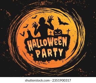 Halloween zombie party banner colorful with undead monster and bats near pumpkin for october 31st celebration vector illustration