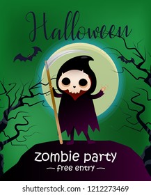 Halloween, zombie party, free entry lettering with grim reaper. Invitation design. Handwritten and typed text, calligraphy. For leaflets, brochures, invitations, flyers, posters or banners.